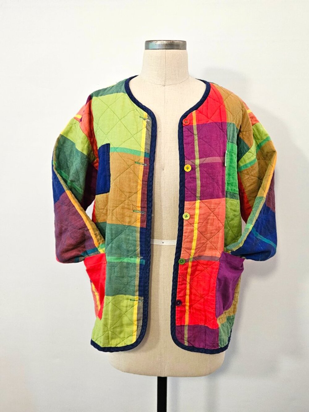 Vintage Benetton Rainbow Patchwork Quilted Colorblock Plaid Liner Jacket M/L - Picture 12 of 13